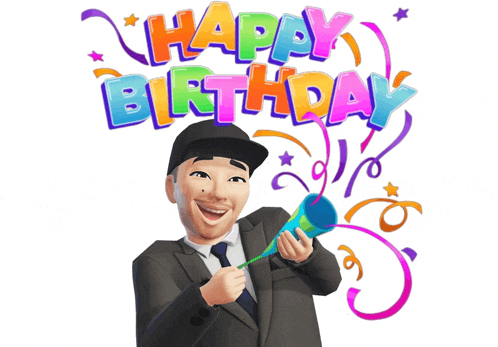a man in a suit and tie is holding a party popper in front of a happy birthday sign