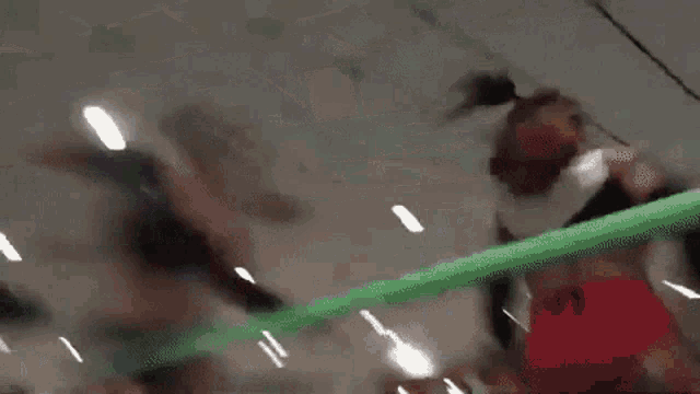 two women are wrestling in a ring with a crowd watching .