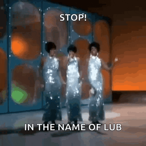 three women in sequined dresses are dancing on a stage with the words stop in the name of lub above them