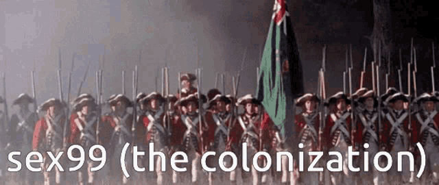 a group of soldiers marching in a line with the words sex99 ( the colonization ) above them