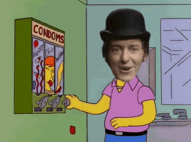 a man in a top hat is standing in front of a condom vending machine