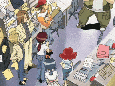 a group of people are standing around a desk with a sign that says ' 00 ' on it