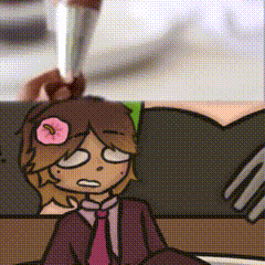 a cartoon girl with a flower in her hair is sitting on a couch