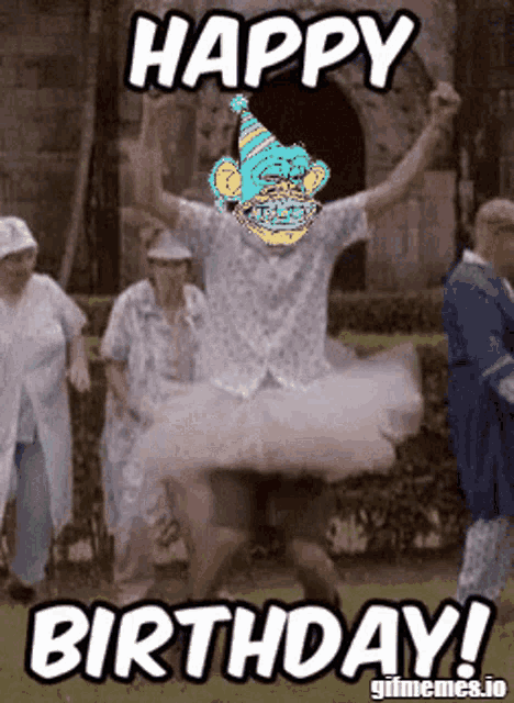a man in a tutu is jumping in the air with the words happy birthday written above him