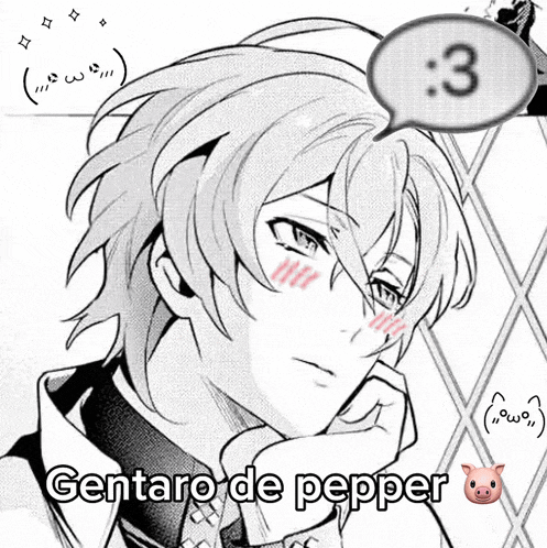 a black and white drawing of a man with a speech bubble that says " gentaro de pepper "