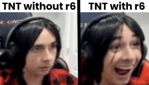 tnt without r6 and tnt with r6 are two different images of a man wearing headphones .