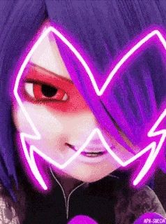 a close up of a cartoon character 's face with purple hair .
