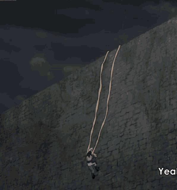 a cartoon of a person hanging from a rope with the word yeal below them