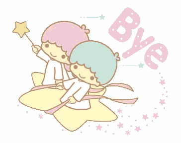 two little twin stars are sitting on a star and the word bye is written above them