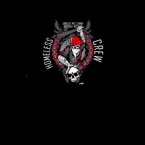 a poster for the homeless crew shows a skull in a red hat