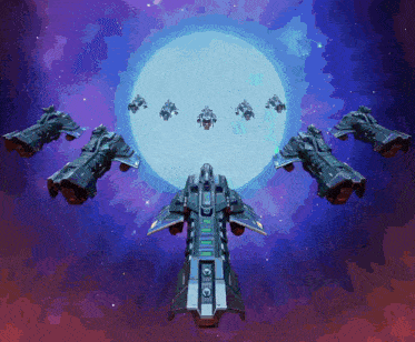 a group of space ships are flying in front of a large moon