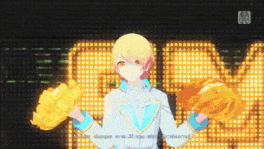 a cartoon character is holding a cheerleader 's pom poms in front of a sign that says rm