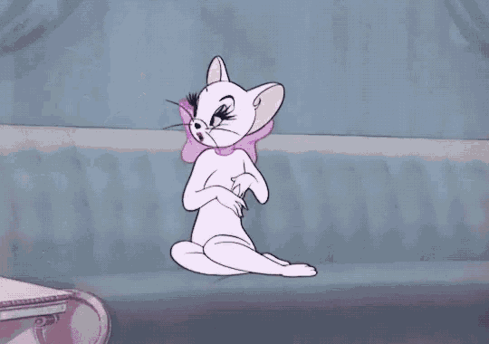 a cartoon of tom and jerry with a cat wearing a pink bow around her neck