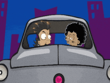 a cartoon of a man and a woman in a car with a heart on the headlight