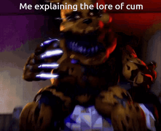 a cartoon of a teddy bear with the words me explaining the lore of cum