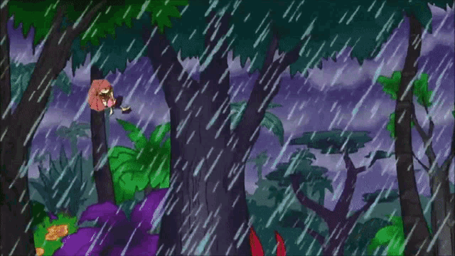 a cartoon drawing of a house in the rain with a blue door