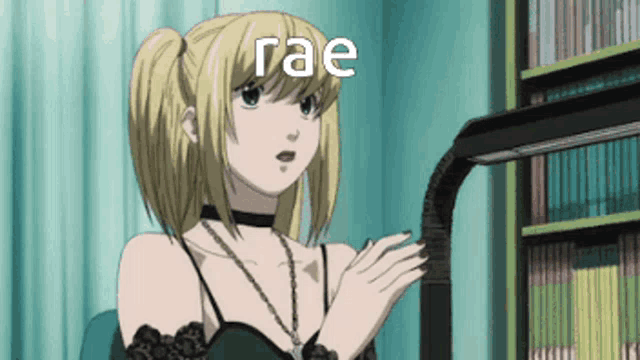 a girl with blonde hair is sitting in front of a bookshelf with the word rae on it
