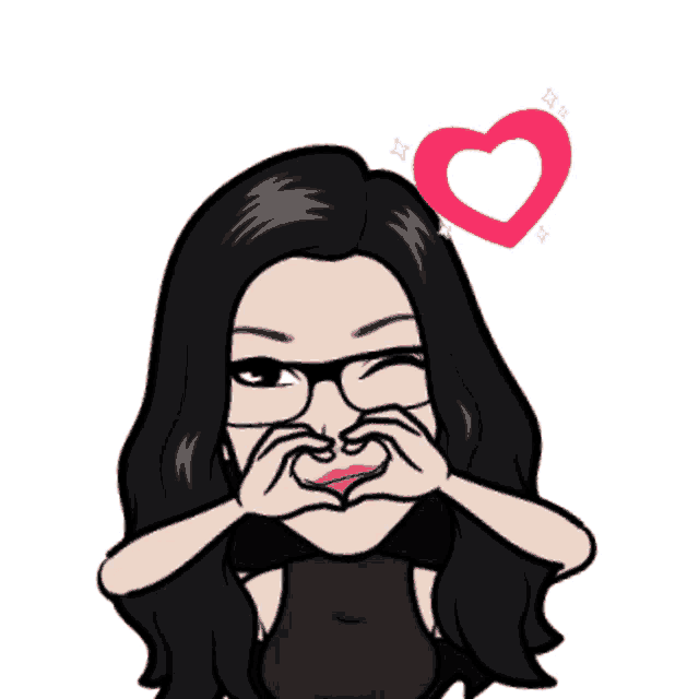 a cartoon of a woman with glasses making a heart shape with her hands