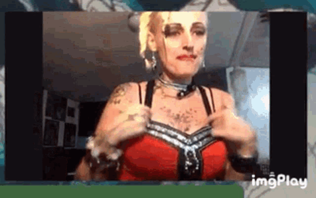 a woman in a red top is being displayed on a screen .