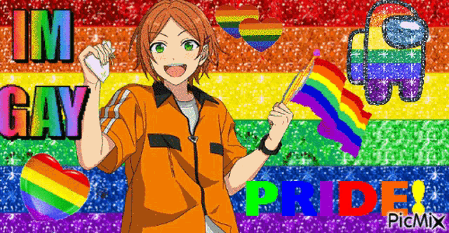 a boy is holding a rainbow flag in front of a rainbow background with the words i 'm gay pride .