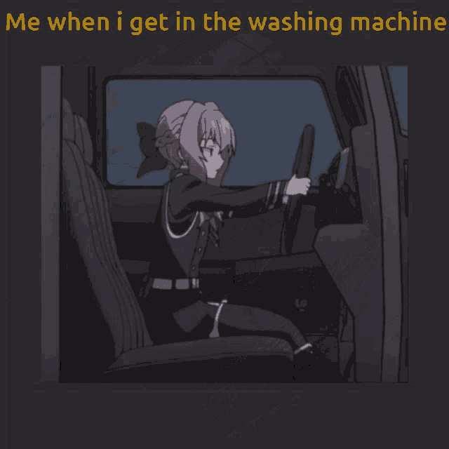 a cartoon of a girl driving a car with the caption me when i get in the washing machine