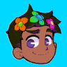 a cartoon character with flowers in his hair and a blue background .