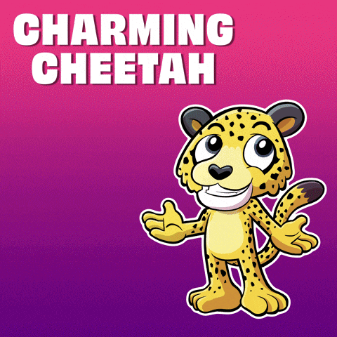 a cartoon cheetah is on a purple background with the words charming cheetah above it