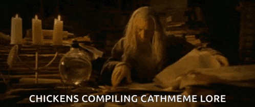a man sitting at a table with the words chickens compiling cathmeme lore written below him