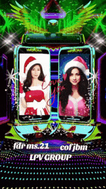 a picture of a woman in a santa hat and a picture of a woman in a pink dress