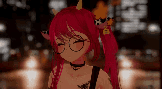 a girl with pink hair and glasses has a sticker on her hair that says " i love you "