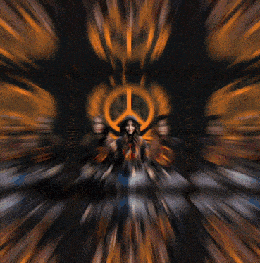 a peace sign is in the background of a blurry picture of three women