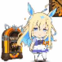 a pixel art of a girl standing next to a juke box