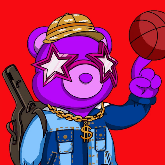 a purple teddy bear is holding a basketball and wearing sunglasses