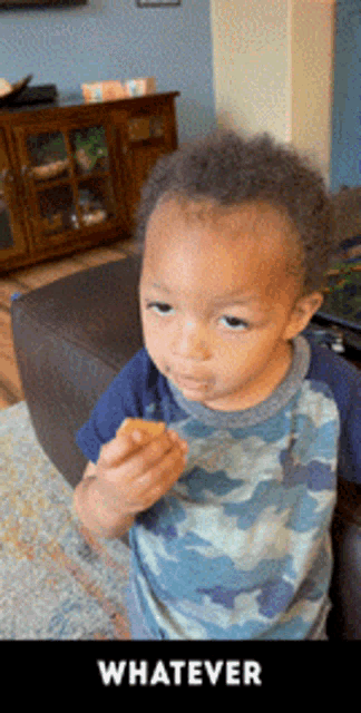 a young boy in a camouflage shirt eating a piece of food with the word whatever below him