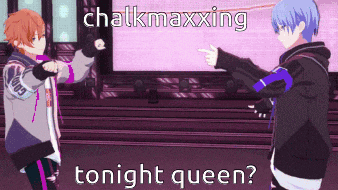 two anime characters standing next to each other with chalkmaxxing tonight queen