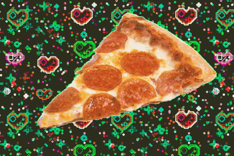 a slice of pepperoni pizza is surrounded by hearts