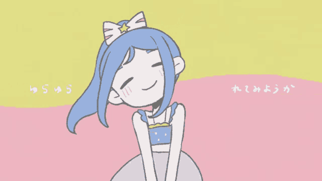 a drawing of a girl with blue hair and a bow on her head with chinese writing behind her