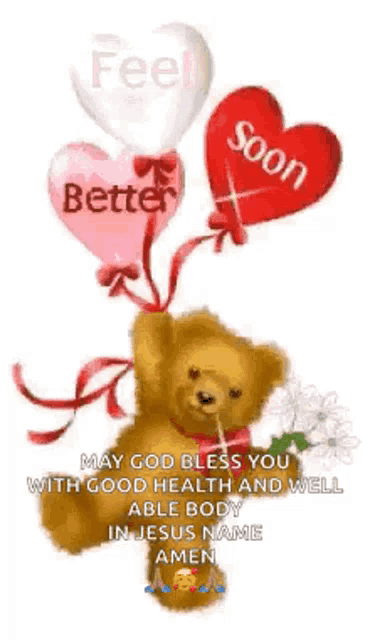 a teddy bear is holding three balloons in the shape of hearts .