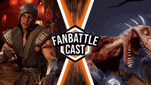 a picture of a man and a picture of a dinosaur with the words fanbattle cast on the bottom
