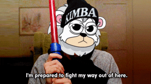 a cartoon character wearing a kimba hat holds a red light saber
