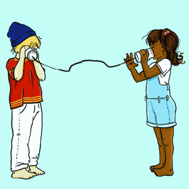 a boy and a girl are talking on a tin can phone with a smiley face with hearts on it