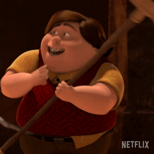 a cartoon character from netflix is holding a stick and smiling
