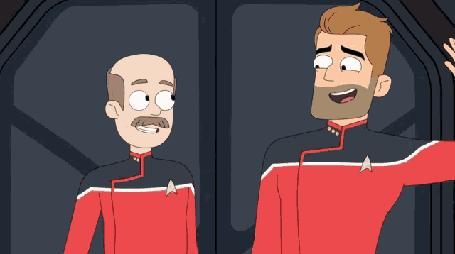 a cartoon of two men standing next to each other with one wearing a star trek uniform