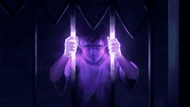 a blurry picture of a person 's face with purple hair and glowing eyes .
