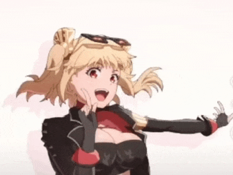 a blonde anime girl wearing sunglasses and a black jacket is giving a peace sign .