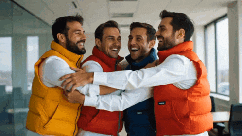 a group of men wearing vests hugging each other and one of the vests says patagonia on it