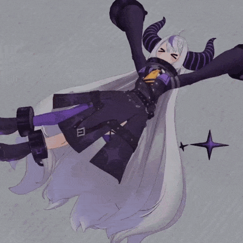 a cartoon character with horns is laying upside down on a gray background
