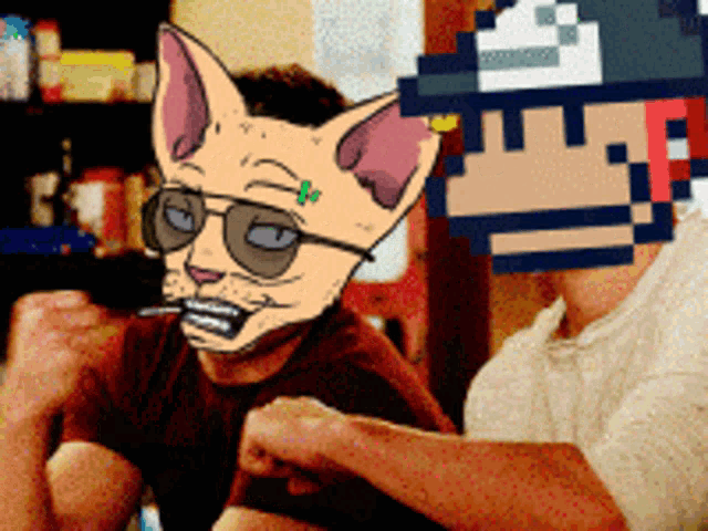 a man with a cat mask on his face and sunglasses