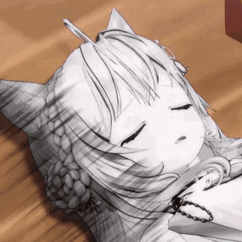 a black and white drawing of a girl with a cat ear sleeping on the floor .