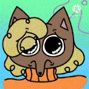 a cartoon drawing of a cat with glasses and a sweater on .